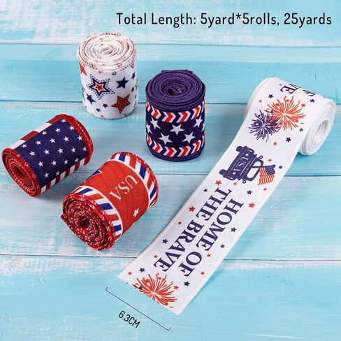 Whaline 5 Rolls Patriotic Ribbon 4th of July Stars and Stripes Burlap Wired Edge Ribbon 25 Yards White Blue Red Decorative Ribbon for Independence Day Gift Wrapping DIY Wreath Bow Craft Sewing in Saudi Arabia