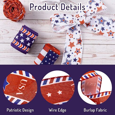 Whaline 5 Rolls Patriotic Ribbon 4th of July Stars and Stripes Burlap Wired Edge Ribbon 25 Yards White Blue Red Decorative Ribbon for Independence Day Gift Wrapping DIY Wreath Bow Craft Sewing in Saudi Arabia