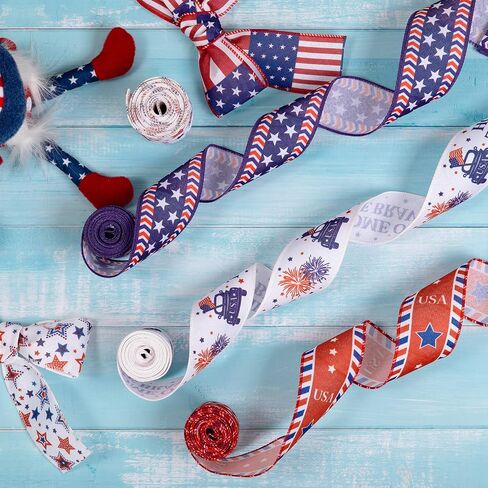 Whaline 5 Rolls Patriotic Ribbon 4th of July Stars and Stripes Burlap Wired Edge Ribbon 25 Yards White Blue Red Decorative Ribbon for Independence Day Gift Wrapping DIY Wreath Bow Craft Sewing in Saudi Arabia