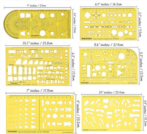 Traceease Engineering, Electrical & Arrow Multi-Pattern Template Stencil Drafting Tools- Pack of 6 Pieces in Kuwait