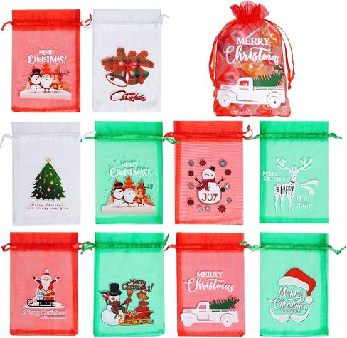 choyaxo 100PCS Christmas Organza Bags Santa Christmas tree Print Satin Drawstring Candy Jewelry Bags for Christmas Drawstring Gift Bags 4 x 6 Inches/10 * 15cm, 10 Styles in Saudi Arabia