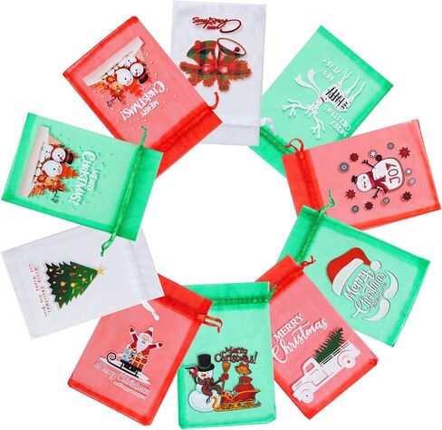 choyaxo 100PCS Christmas Organza Bags Santa Christmas tree Print Satin Drawstring Candy Jewelry Bags for Christmas Drawstring Gift Bags 4 x 6 Inches/10 * 15cm, 10 Styles in Saudi Arabia