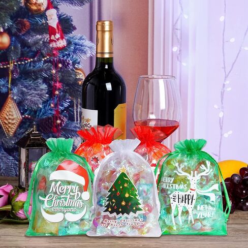 choyaxo 100PCS Christmas Organza Bags Santa Christmas tree Print Satin Drawstring Candy Jewelry Bags for Christmas Drawstring Gift Bags 4 x 6 Inches/10 * 15cm, 10 Styles in Saudi Arabia