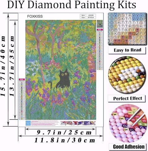 FOXKISS Black Cat Diamond Art Painting Kits for Adults, Full Drill Diamond Dots Paintings for Beginners, Round 5D Paint with Diamonds Pictures Gem Art Painting Kits DIY Crafts Kits 12x16inch in Kuwait