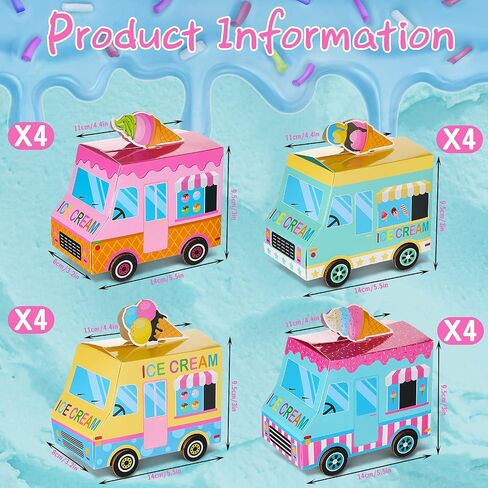 16 Pieces Ice Cream Party Favor Boxes Ice Cream Truck Shape Treat Boxes Summer Goodie Candy Boxes Sprinkles Themed Baby Shower Kids Birthday Party Centerpieces Table Decor Supplies in Saudi Arabia