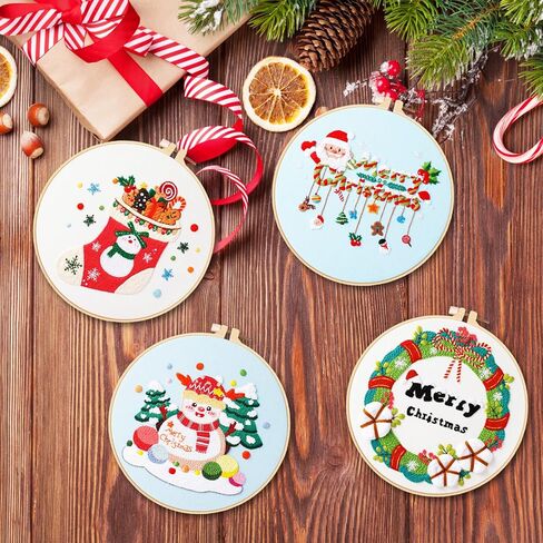 4 مجموعات طقم تطريز عيد الميلاد مع نمط وتعليمات طقم تطريز للمبتدئين تطريز نمط عيد الميلاد خيوط ملونة طقم إبرة للمبتدئين لوازم هدايا التطريز in Kuwait