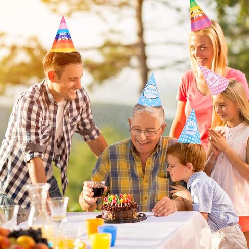 30 قطعة من قبعات حفلات أعياد الميلاد بألوان قوس قزح، قبعات ورقية مخططة ملونة بتصميم مخروطي الشكل، قبعة عيد ميلاد للأطفال والكبار in Kuwait