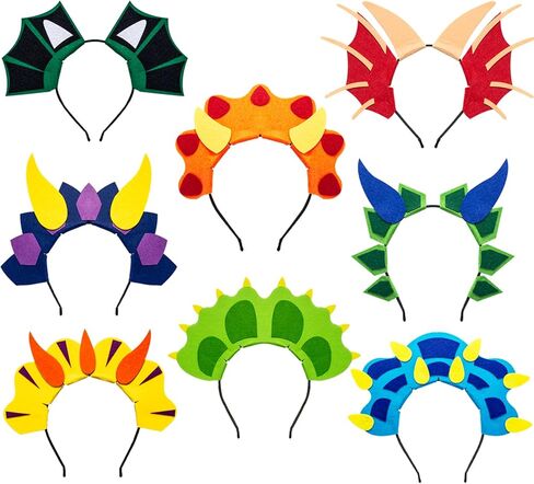 8Pcs Dinosaur Dragon Headbands, Animal Halloween Costume Accessory, Girls Boys Dino Birthday Party Supplies Favors Decorations Toys, Felt Party Hats Tiara for Kids Toddler Children Dress Up Photo Booth in Kuwait