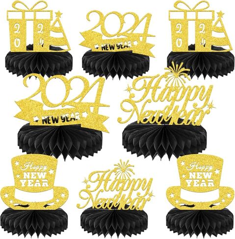 قطع مركزية على شكل قرص العسل لرأس السنة الجديدة السعيدة للطاولة، ديكورات حفلات ليلة رأس السنة 2024، مرحبًا 2024، لوازم أغطية طاولات حفلات رأس السنة الجديدة 8 قطع باللون الأسود الذهبي (ورق لامع مزدوج الجوانب) in Kuwait