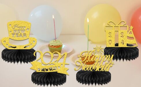 قطع مركزية على شكل قرص العسل لرأس السنة الجديدة السعيدة للطاولة، ديكورات حفلات ليلة رأس السنة 2024، مرحبًا 2024، لوازم أغطية طاولات حفلات رأس السنة الجديدة 8 قطع باللون الأسود الذهبي (ورق لامع مزدوج الجوانب) in Kuwait