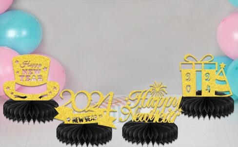 قطع مركزية على شكل قرص العسل لرأس السنة الجديدة السعيدة للطاولة، ديكورات حفلات ليلة رأس السنة 2024، مرحبًا 2024، لوازم أغطية طاولات حفلات رأس السنة الجديدة 8 قطع باللون الأسود الذهبي (ورق لامع مزدوج الجوانب) in Kuwait