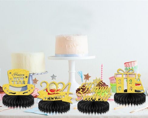 قطع مركزية على شكل قرص العسل لرأس السنة الجديدة السعيدة للطاولة، ديكورات حفلات ليلة رأس السنة 2024، مرحبًا 2024، لوازم أغطية طاولات حفلات رأس السنة الجديدة 8 قطع باللون الأسود الذهبي (ورق لامع مزدوج الجوانب) in Kuwait