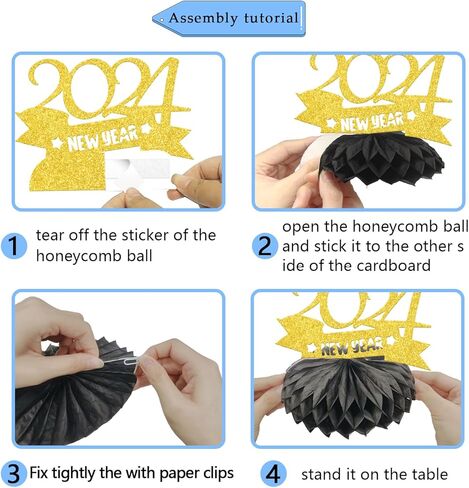 قطع مركزية على شكل قرص العسل لرأس السنة الجديدة السعيدة للطاولة، ديكورات حفلات ليلة رأس السنة 2024، مرحبًا 2024، لوازم أغطية طاولات حفلات رأس السنة الجديدة 8 قطع باللون الأسود الذهبي (ورق لامع مزدوج الجوانب) in Kuwait