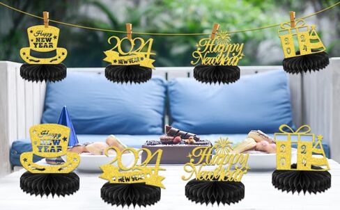 قطع مركزية على شكل قرص العسل لرأس السنة الجديدة السعيدة للطاولة، ديكورات حفلات ليلة رأس السنة 2024، مرحبًا 2024، لوازم أغطية طاولات حفلات رأس السنة الجديدة 8 قطع باللون الأسود الذهبي (ورق لامع مزدوج الجوانب) in Kuwait