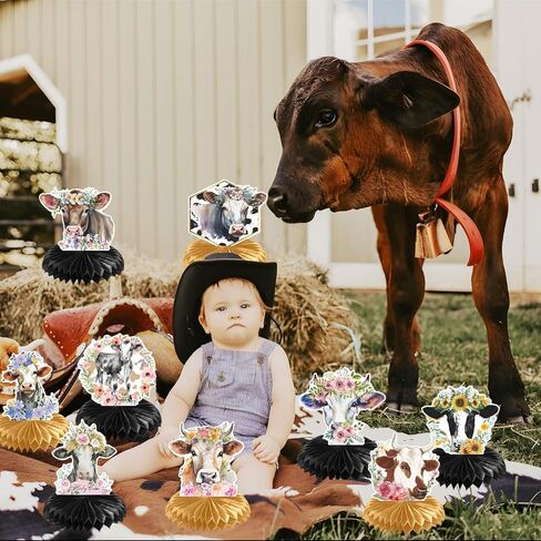 ديكورات حفلات بقرة Rakuto - 9 قطع من قطع قرص العسل البقري ديكورات مركزية لطيفة على شكل بقرة عيد ميلاد وديكورات طاولات حفلات بقرة وديكورات استحمام للأطفال في المزرعة ومستلزمات تزيين الحفلات in Kuwait