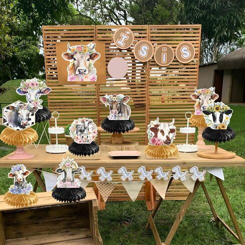 ديكورات حفلات بقرة Rakuto - 9 قطع من قطع قرص العسل البقري ديكورات مركزية لطيفة على شكل بقرة عيد ميلاد وديكورات طاولات حفلات بقرة وديكورات استحمام للأطفال في المزرعة ومستلزمات تزيين الحفلات in Kuwait