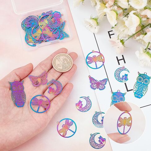 UNICRAFTALE متعدد الألوان سحر المعلقات 16 قطعة الفولاذ المقاوم للصدأ سحر ثقب صغير المعادن سحر الجوف شقة المعلقات لصنع المجوهرات DIY صياغة in Kuwait