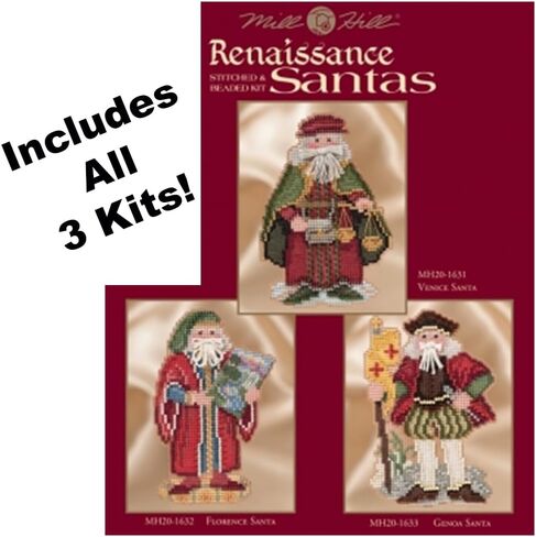 مجموعة Mill Hill Renaissance Santa Bundle (2016) مكونة من 3 مجموعات غرز متقاطعة مطرزة، بما في ذلك ملصق البندقية وفلورنسا وجنوة بالإضافة إلى ملصق "Needleworker" الزخرفي in Saudi Arabia