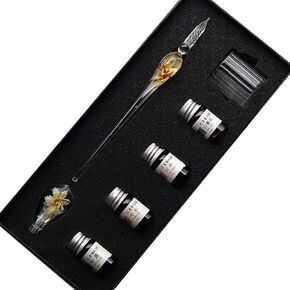 Crystal Glass Intarsia Dip Pen Fountain Pen Kit Vintage Calligraphy Signatures Pen with 4 Colors Ink, Pen Holder, Cleaning Cup, Yellow
