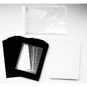 Studio 500 Pack of 25 Black Pre-Cut Picture Mat 5x7 inches for 4x6 Photo White Core Bevel Cut Mattes Sets + Backing Board + Clear Plastic Bags (Pack of 25 Black 5x7 Complete Set) in Saudi Arabia