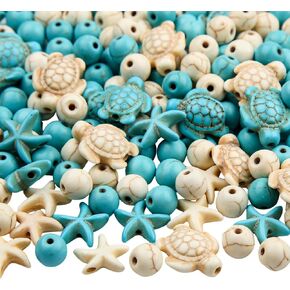 210pcs Turquoise Beads Sea Turtle Beads Floral White Turtle Charms Synthetic Turquoise Beads Starfish Beads for Jewelry Craft Making(bluewhite)