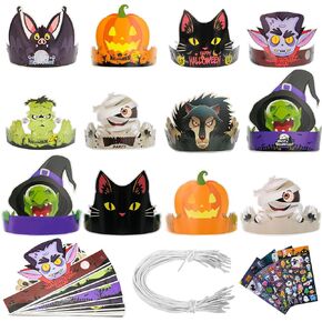 28 قطعة من عصابات الرأس الورقية للهالوين مع ملصقات، لوازم حفلات الهالوين، قبعات ورقية للاطفال لحفلات اعياد الميلاد وحفلات استقبال المولود الجديد والهالوين التنكرية in Kuwait
