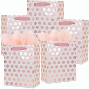 UNIQOOO 12Pcs Rose Gold Foil Gift Bag Bulk, Pink Polka Dots with Tag, Durable Recycle Kraft Paper Bags, Thank You Bag For Wedding Favors Baby Shower Birthday Party Gift Wrapping Box, Medium 9x7x4 Inch