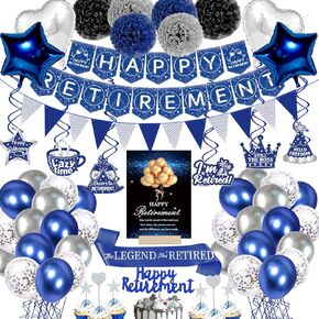ديكورات حفلات التقاعد السعيدة، زخارف حفلات التقاعد الزرقاء للرجال، لافتة تقاعد سعيد، دوامات معلقة، بالون من رقائق معدنية، قبعات كعكة، وشاح متقاعد لديكورات التقاعد باللونين الأزرق والفضي in Kuwait