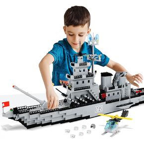 WW2 Military Battleship Building Block Set, Large-SizedCruiser Toy, Military Battle Ship Toy with Helicopter and City Lifeboat, A Gift Compatible with Lego Sets for Boys 8-14 & Adults (910pcs)