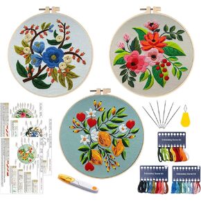 مجموعة تطريز للمبتدئين من 3 قطع، مجموعات غرز متقاطعة يدوية للبالغين والمبتدئين، مع اطواق تطريز، قماش مطرز بنمط زهور، ابر، خيوط ملونة، تعليمات، مقص، خيط ابر in Kuwait
