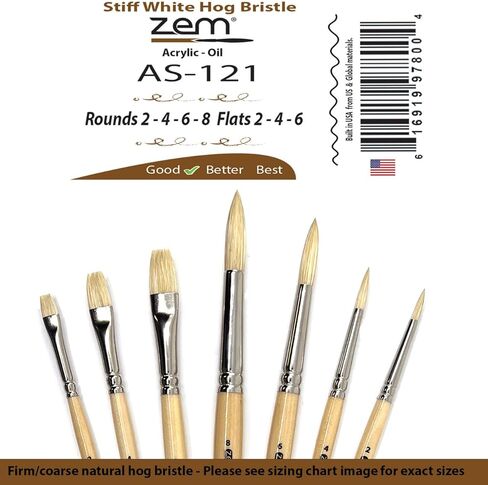 مجموعة فرشاة ZEM Brush المتشابكة ذات شعيرات الخنزير البيضاء ذات شكل دائري 2,4,6,8 ومسطحة 2,4,6 in Kuwait