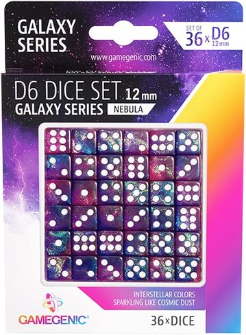 Galaxy Series Mars D6 Dice Set Set of 36 Six-Sided Dice Premium Quality Resin Dice for Dice Games, Board Games and Card Games Cosmic Glittering Design Red and Blue Color Made by Gamegenic in Saudi Arabia