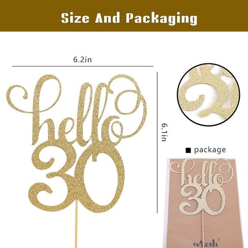 كعكة علوية لامعة Hello 30 - زينة كعك للاحتفال بالذكرى السنوية للزفاف الثلاثين، زينة كعكة للحفلات، عيد ميلاد 30، دعائم الصور in Saudi Arabia