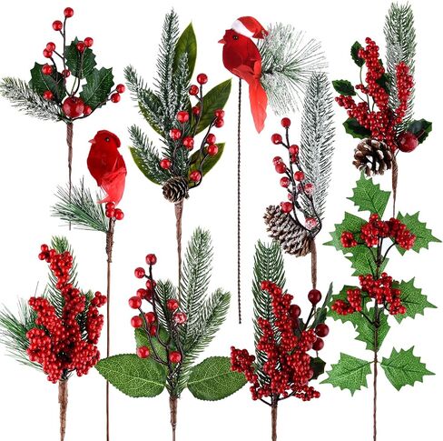 10 قطع من ELECLAND زينة عيد الميلاد الاصطناعي أغصان الصنوبر ينبع رذاذ مع مخاريط الصنوبر الصناعي اللقطات التوت الأحمر هولي أوراق للحرف اليدوية الزهور عيد الميلاد إكليل اللقطات الحلي in Kuwait