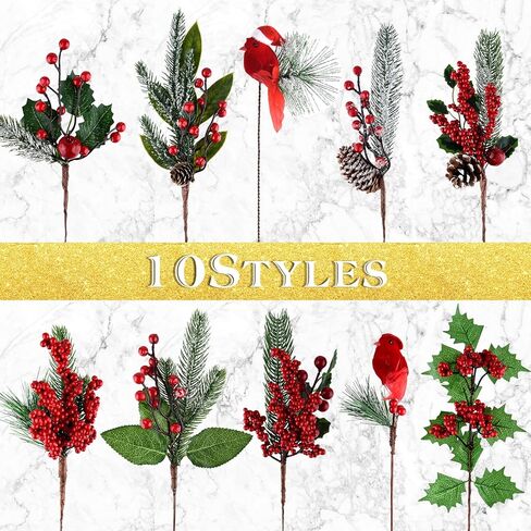 10 قطع من ELECLAND زينة عيد الميلاد الاصطناعي أغصان الصنوبر ينبع رذاذ مع مخاريط الصنوبر الصناعي اللقطات التوت الأحمر هولي أوراق للحرف اليدوية الزهور عيد الميلاد إكليل اللقطات الحلي in Kuwait