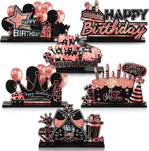 Leinuosen 6 Pieces Black Happy Birthday Table Centerpiece Wooden Sign Table Topper Birthday Decoration for Women Men Kids Birthday Baby Shower Party Photo Booth Props Supplies, 6 Designs (Blue) in Kuwait
