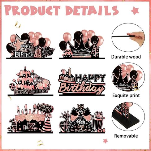 Leinuosen 6 Pieces Black Happy Birthday Table Centerpiece Wooden Sign Table Topper Birthday Decoration for Women Men Kids Birthday Baby Shower Party Photo Booth Props Supplies, 6 Designs (Blue) in Kuwait