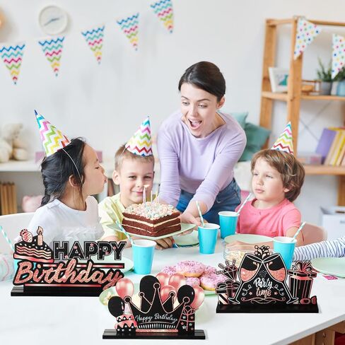 Leinuosen 6 Pieces Black Happy Birthday Table Centerpiece Wooden Sign Table Topper Birthday Decoration for Women Men Kids Birthday Baby Shower Party Photo Booth Props Supplies, 6 Designs (Blue) in Kuwait