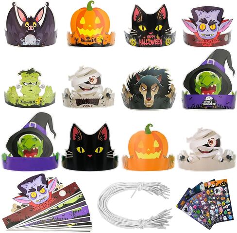 28 قطعة من عصابات الرأس الورقية للهالوين مع ملصقات، لوازم حفلات الهالوين، قبعات ورقية للاطفال لحفلات اعياد الميلاد وحفلات استقبال المولود الجديد والهالوين التنكرية in Kuwait
