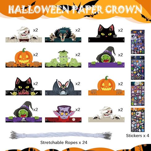 28 قطعة من عصابات الرأس الورقية للهالوين مع ملصقات، لوازم حفلات الهالوين، قبعات ورقية للاطفال لحفلات اعياد الميلاد وحفلات استقبال المولود الجديد والهالوين التنكرية in Kuwait