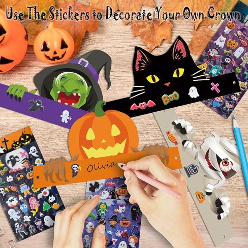28 قطعة من عصابات الرأس الورقية للهالوين مع ملصقات، لوازم حفلات الهالوين، قبعات ورقية للاطفال لحفلات اعياد الميلاد وحفلات استقبال المولود الجديد والهالوين التنكرية in Kuwait