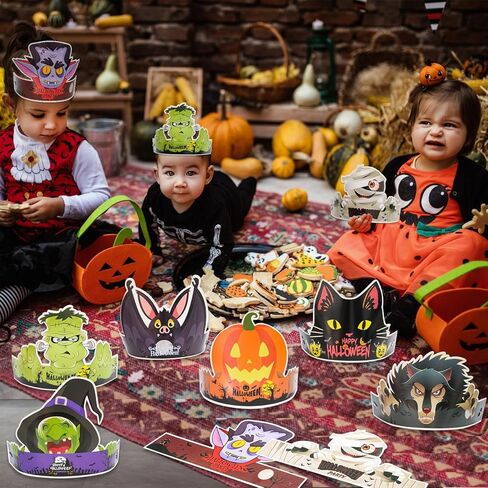 28 قطعة من عصابات الرأس الورقية للهالوين مع ملصقات، لوازم حفلات الهالوين، قبعات ورقية للاطفال لحفلات اعياد الميلاد وحفلات استقبال المولود الجديد والهالوين التنكرية in Kuwait