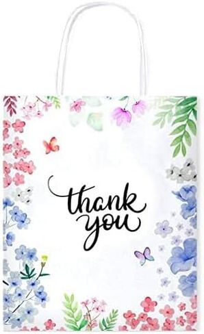 أكياس هدايا بيربل كيو كرافتس، 50 عبوة مقاس 8 بوصة × 4 بوصة × 10 بوصة، أكياس ورقية صغيرة بمقابض بتصميم زهور، حقائب شكر للأعمال التجارية والبوتيك والهدايا ومفضلات الزفاف... in Saudi Arabia