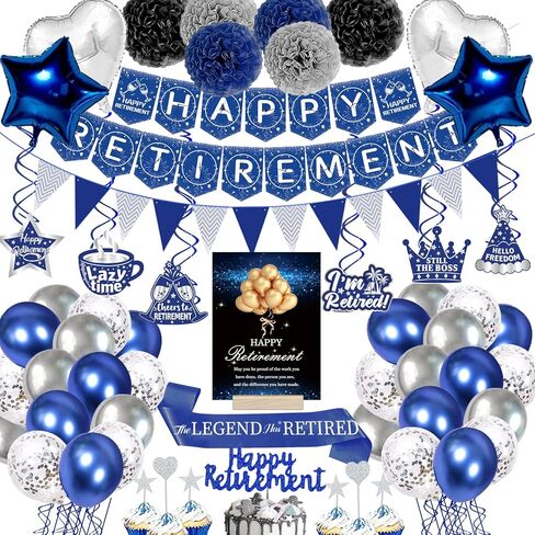 ديكورات حفلات التقاعد السعيدة، زخارف حفلات التقاعد الزرقاء للرجال، لافتة تقاعد سعيد، دوامات معلقة، بالون من رقائق معدنية، قبعات كعكة، وشاح متقاعد لديكورات التقاعد باللونين الأزرق والفضي in Kuwait