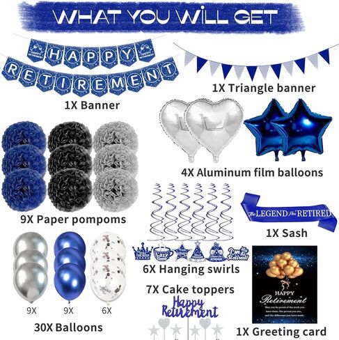 ديكورات حفلات التقاعد السعيدة، زخارف حفلات التقاعد الزرقاء للرجال، لافتة تقاعد سعيد، دوامات معلقة، بالون من رقائق معدنية، قبعات كعكة، وشاح متقاعد لديكورات التقاعد باللونين الأزرق والفضي in Kuwait