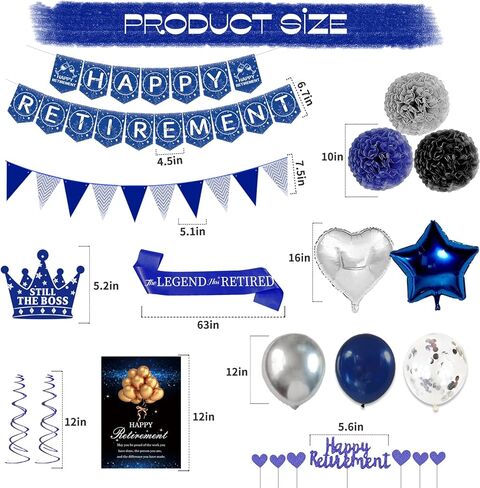 ديكورات حفلات التقاعد السعيدة، زخارف حفلات التقاعد الزرقاء للرجال، لافتة تقاعد سعيد، دوامات معلقة، بالون من رقائق معدنية، قبعات كعكة، وشاح متقاعد لديكورات التقاعد باللونين الأزرق والفضي in Kuwait