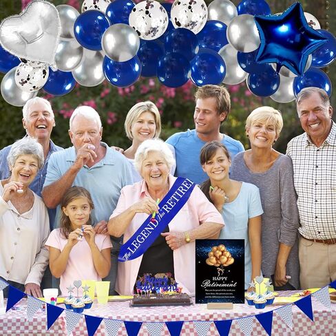 ديكورات حفلات التقاعد السعيدة، زخارف حفلات التقاعد الزرقاء للرجال، لافتة تقاعد سعيد، دوامات معلقة، بالون من رقائق معدنية، قبعات كعكة، وشاح متقاعد لديكورات التقاعد باللونين الأزرق والفضي in Kuwait