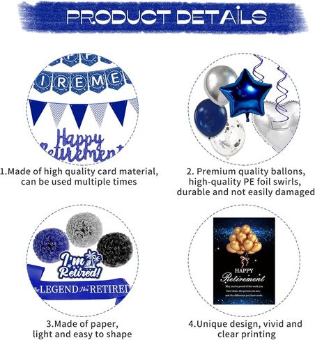 ديكورات حفلات التقاعد السعيدة، زخارف حفلات التقاعد الزرقاء للرجال، لافتة تقاعد سعيد، دوامات معلقة، بالون من رقائق معدنية، قبعات كعكة، وشاح متقاعد لديكورات التقاعد باللونين الأزرق والفضي in Kuwait