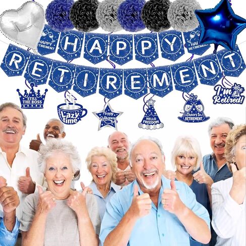 ديكورات حفلات التقاعد السعيدة، زخارف حفلات التقاعد الزرقاء للرجال، لافتة تقاعد سعيد، دوامات معلقة، بالون من رقائق معدنية، قبعات كعكة، وشاح متقاعد لديكورات التقاعد باللونين الأزرق والفضي in Kuwait