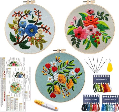 مجموعة تطريز للمبتدئين من 3 قطع، مجموعات غرز متقاطعة يدوية للبالغين والمبتدئين، مع اطواق تطريز، قماش مطرز بنمط زهور، ابر، خيوط ملونة، تعليمات، مقص، خيط ابر in Kuwait